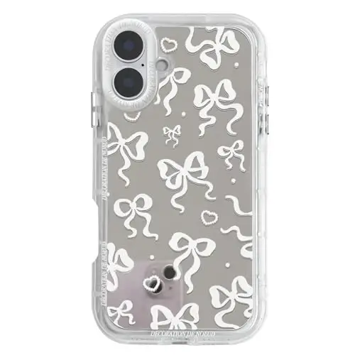 NITITOP Compatible with iPhone 16 Plus Case Cute Mirror Bow Love Heart Pattern for Women Girls Ribbon Design Shockproof Silver Protective Phone Cover - White Bow 