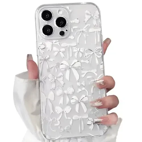 NITITOP Compatible with iPhone 16 Pro Case Cute Clear Bowknot Design for Women Girls White Bow Ribbon Soft Fit Slim Stylish Protective Phone Cover - White - NITITOP