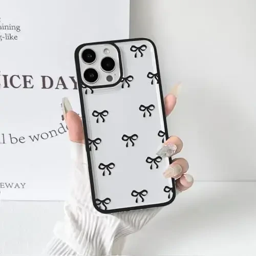 NITITOP Compatible with iPhone 16 Pro Case Cute Clear Durable Ribbon Bowknot Pattern for Girls Women Soft TPU Transparent Full Camera Lens Shockproof Protective Phone Cover - Black - 5