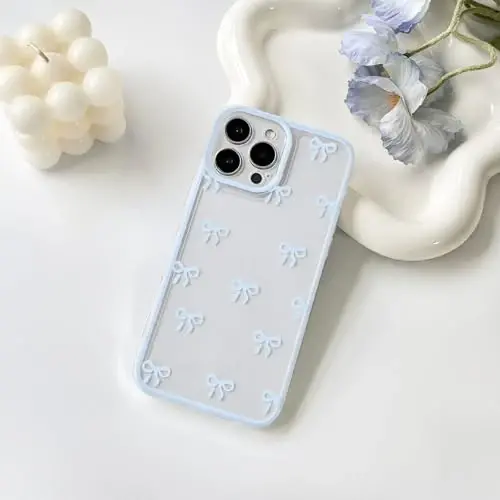 NITITOP Compatible with iPhone 16 Pro Case Cute Clear Durable Ribbon Bowknot Pattern for Girls Women Soft TPU Transparent Full Camera Lens Shockproof Protective Phone Cover - Blue - 11