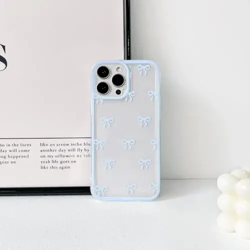NITITOP Compatible with iPhone 16 Pro Case Cute Clear Durable Ribbon Bowknot Pattern for Girls Women Soft TPU Transparent Full Camera Lens Shockproof Protective Phone Cover - Blue - 4