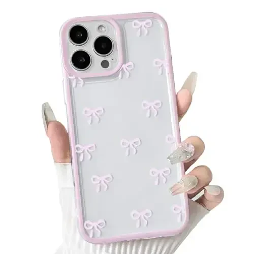 NITITOP Compatible with iPhone 16 Pro Case Cute Clear Durable Ribbon Bowknot Pattern for Girls Women Soft TPU Transparent Full Camera Lens Shockproof Protective Phone Cover - Pink - 1