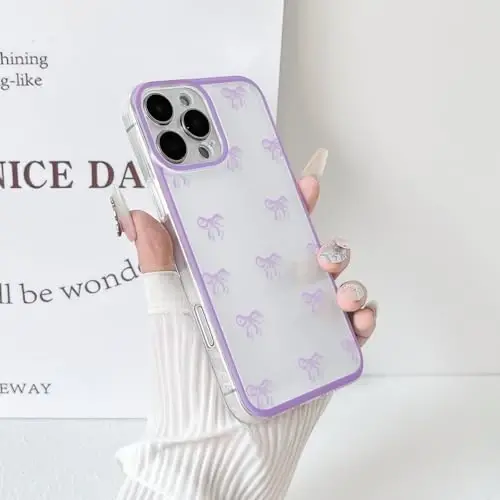 NITITOP Compatible with iPhone 16 Pro Case Cute Clear Durable Ribbon Bowknot Pattern for Girls Women Soft TPU Transparent Full Camera Lens Shockproof Protective Phone Cover - Purple - 5