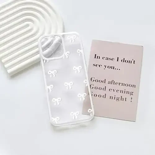 NITITOP Compatible with iPhone 16 Pro Case Cute Clear Durable Ribbon Bowknot Pattern for Girls Women Soft TPU Transparent Full Camera Lens Shockproof Protective Phone Cover - White - 3