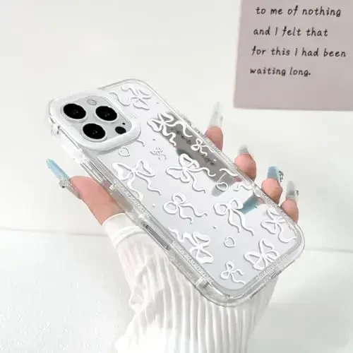 NITITOP Compatible with iPhone 16 Pro Case Cute Mirror Bow Love Heart Pattern for Women Girls Ribbon Design Shockproof Silver Protective Phone Cover - White Bow - 2