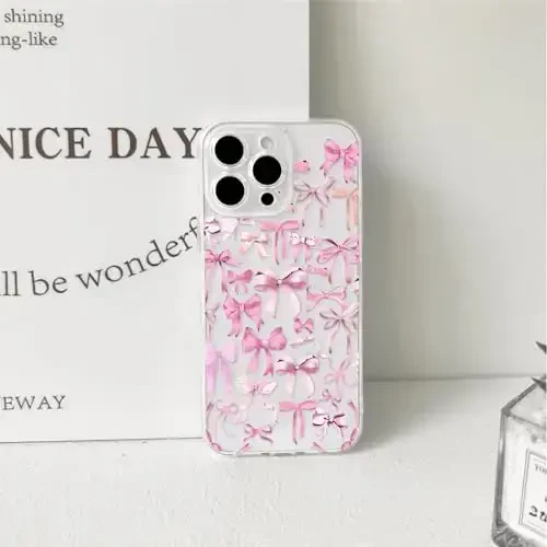 NITITOP Compatible with iPhone 16 Pro Max Case Cute Clear Bowknot Design for Women Girls Pink Bow Ribbon Soft Fit Slim Stylish Protective Phone Cover - Pink - 6