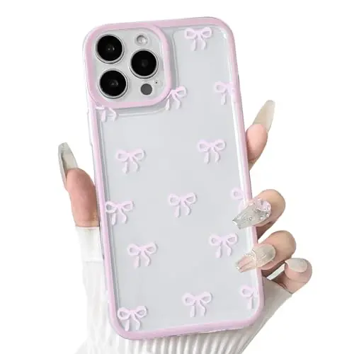NITITOP Compatible with iPhone 16 Pro Max Case Cute Clear Durable Ribbon Bowknot Pattern for Girls Women Soft TPU Transparent Full Camera Lens Shockproof Protective Phone Cover - Pink - 1