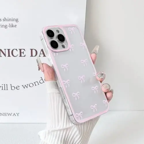 NITITOP Compatible with iPhone 16 Pro Max Case Cute Clear Durable Ribbon Bowknot Pattern for Girls Women Soft TPU Transparent Full Camera Lens Shockproof Protective Phone Cover - Pink - 5