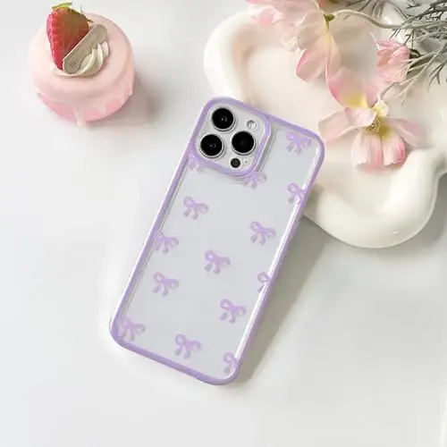 NITITOP Compatible with iPhone 16 Pro Max Case Cute Clear Durable Ribbon Bowknot Pattern for Girls Women Soft TPU Transparent Full Camera Lens Shockproof Protective Phone Cover - Purple - 2