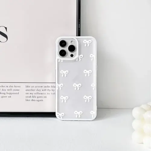 NITITOP Compatible with iPhone 16 Pro Max Case Cute Clear Durable Ribbon Bowknot Pattern for Girls Women Soft TPU Transparent Full Camera Lens Shockproof Protective Phone Cover - White - 4