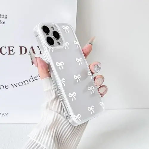 NITITOP Compatible with iPhone 16 Pro Max Case Cute Clear Durable Ribbon Bowknot Pattern for Girls Women Soft TPU Transparent Full Camera Lens Shockproof Protective Phone Cover - White - 5