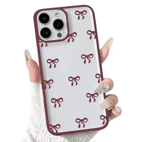 NITITOP Compatible with iPhone 16 Pro Max Case Cute Clear Durable Ribbon Bowknot Pattern for Girls Women Soft TPU Transparent Full Camera Lens Shockproof Protective Phone Cover - Wine Red - 1
