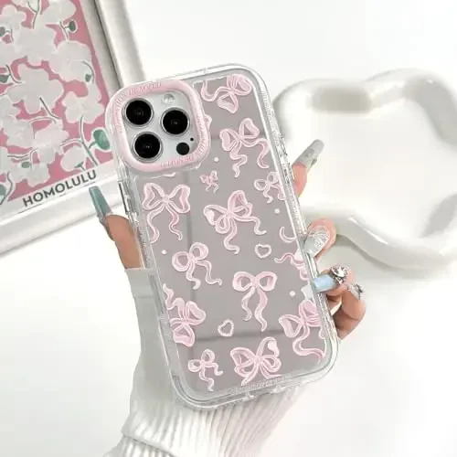 NITITOP Compatible with iPhone 16 Pro Max Case Cute Mirror Bow Love Heart Pattern for Women Girls Ribbon Design Shockproof Silver Protective Phone Cover - Light Pink Bow - 3