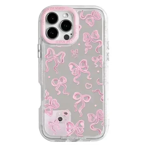 NITITOP Compatible with iPhone 16 Pro Max Case Cute Mirror Bow Love Heart Pattern for Women Girls Ribbon Design Shockproof Silver Protective Phone Cover - Pink Bow2 - 1