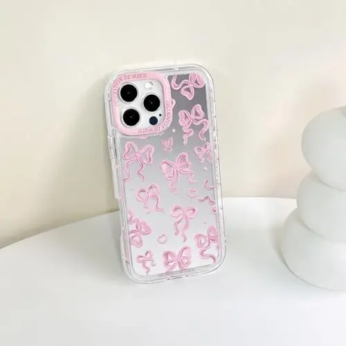 NITITOP Compatible with iPhone 16 Pro Max Case Cute Mirror Bow Love Heart Pattern for Women Girls Ribbon Design Shockproof Silver Protective Phone Cover - Pink Bow2 - 3