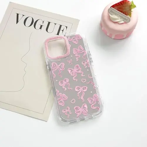 NITITOP Compatible with iPhone 16 Pro Max Case Cute Mirror Bow Love Heart Pattern for Women Girls Ribbon Design Shockproof Silver Protective Phone Cover - Pink Bow2 - 5