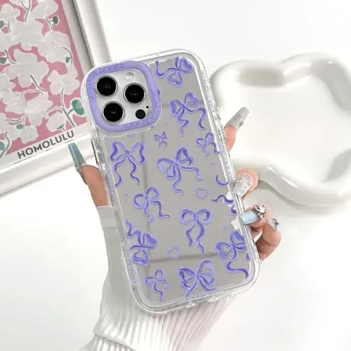 NITITOP Compatible with iPhone 16 Pro Max Case Cute Mirror Bow Love Heart Pattern for Women Girls Ribbon Design Shockproof Silver Protective Phone Cover - Purple Bow - 3