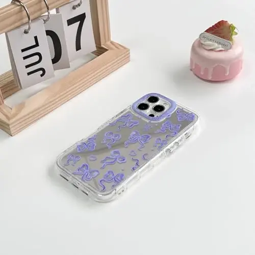 NITITOP Compatible with iPhone 16 Pro Max Case Cute Mirror Bow Love Heart Pattern for Women Girls Ribbon Design Shockproof Silver Protective Phone Cover - Purple Bow - 4