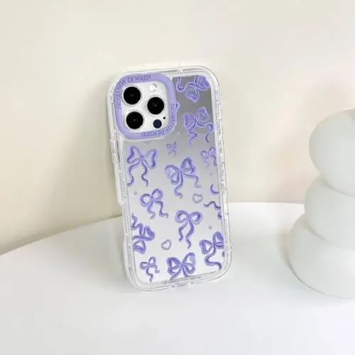 NITITOP Compatible with iPhone 16 Pro Max Case Cute Mirror Bow Love Heart Pattern for Women Girls Ribbon Design Shockproof Silver Protective Phone Cover - Purple Bow - 7