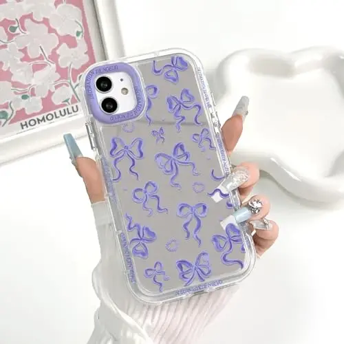 NITITOP Compatible with iPhone 16 Pro Max Case Cute Mirror Bow Love Heart Pattern for Women Girls Ribbon Design Shockproof Silver Protective Phone Cover - Purple Bow - 3