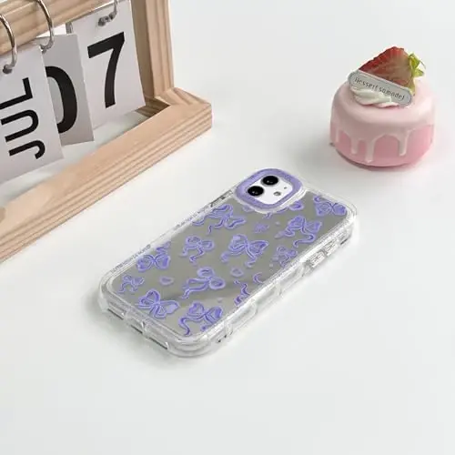 NITITOP Compatible with iPhone 16 Pro Max Case Cute Mirror Bow Love Heart Pattern for Women Girls Ribbon Design Shockproof Silver Protective Phone Cover - Purple Bow - 4