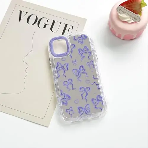 NITITOP Compatible with iPhone 16 Pro Max Case Cute Mirror Bow Love Heart Pattern for Women Girls Ribbon Design Shockproof Silver Protective Phone Cover - Purple Bow - 6