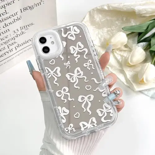 NITITOP Compatible with iPhone 16 Pro Max Case Cute Mirror Bow Love Heart Pattern for Women Girls Ribbon Design Shockproof Silver Protective Phone Cover - White Bow - 3