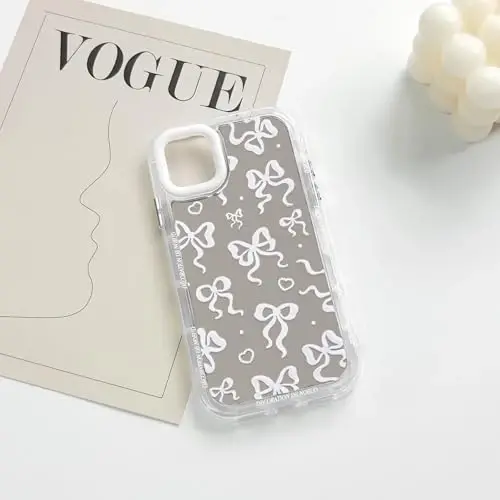 NITITOP Compatible with iPhone 16 Pro Max Case Cute Mirror Bow Love Heart Pattern for Women Girls Ribbon Design Shockproof Silver Protective Phone Cover - White Bow - 5