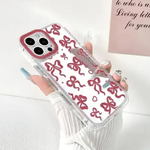 NITITOP Compatible with iPhone 16 Pro Max Case Cute Mirror Bow Love Heart Pattern for Women Girls Ribbon Design Shockproof Silver Protective Phone Cover - Wine Red Bow - 2