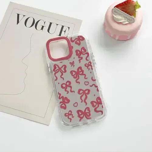 NITITOP Compatible with iPhone 16 Pro Max Case Cute Mirror Bow Love Heart Pattern for Women Girls Ribbon Design Shockproof Silver Protective Phone Cover - Wine Red Bow - 6