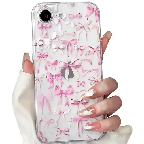 NITITOP Compatible with iPhone 16e Case Cute Clear Bowknot Design for Women Girls Pink Bow Ribbon Soft Fit Slim Stylish Protective Phone Cover - Pink - 1