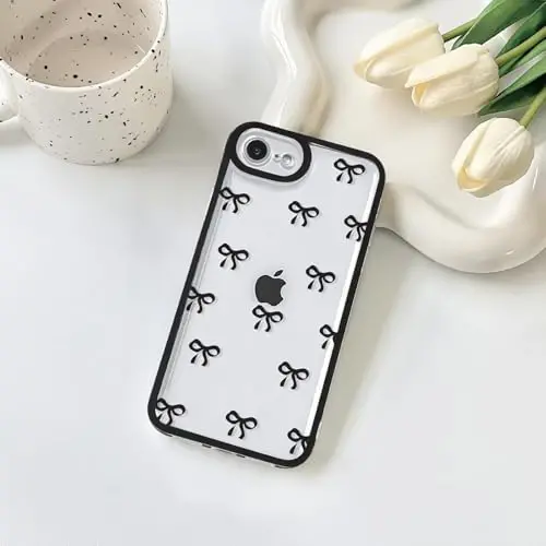 NITITOP Compatible with iPhone 16e Case Cute Clear Durable Ribbon Bowknot Pattern for Girls Women Soft TPU Transparent Full Camera Lens Shockproof Protective Phone Cover - Black - 3
