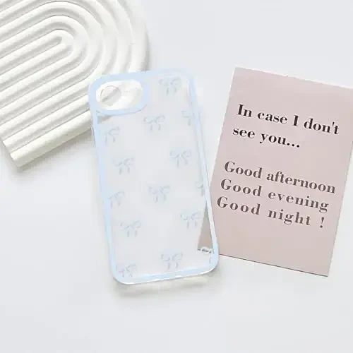 NITITOP Compatible with iPhone 16e Case Cute Clear Durable Ribbon Bowknot Pattern for Girls Women Soft TPU Transparent Full Camera Lens Shockproof Protective Phone Cover - Blue - 2