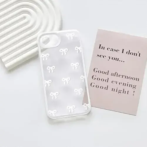 NITITOP Compatible with iPhone 16e Case Cute Clear Durable Ribbon Bowknot Pattern for Girls Women Soft TPU Transparent Full Camera Lens Shockproof Protective Phone Cover - White - 2
