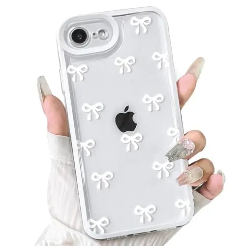 NITITOP Compatible with iPhone 16e Case Cute Clear Durable Ribbon Bowknot Pattern for Girls Women Soft TPU Transparent Full Camera Lens Shockproof Protective Phone Cover - White - NITITOP