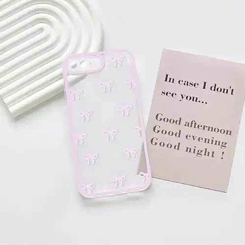 NITITOP Compatible with iPhone 7 Plus / 8 Plus Case Cute Clear Durable Ribbon Bowknot Pattern for Girls Women Soft TPU Transparent Full Camera Lens Shockproof Protective Phone Cover - Pink - 3