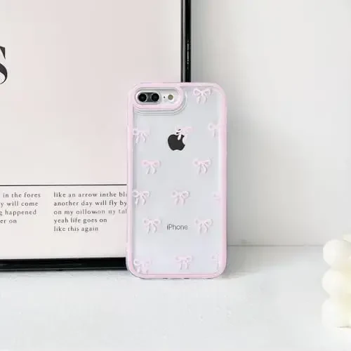 NITITOP Compatible with iPhone 7 Plus / 8 Plus Case Cute Clear Durable Ribbon Bowknot Pattern for Girls Women Soft TPU Transparent Full Camera Lens Shockproof Protective Phone Cover - Pink - 6
