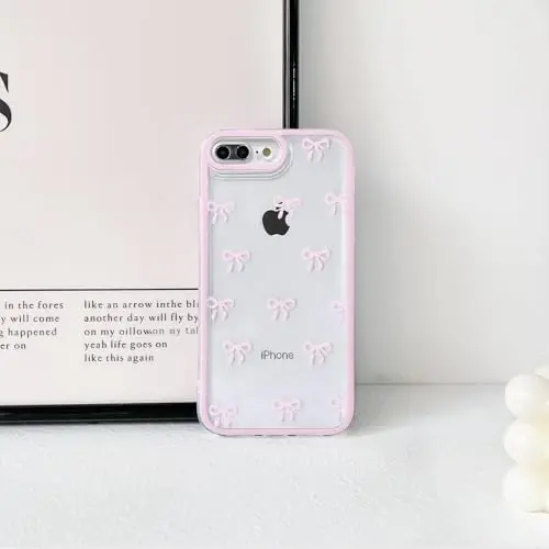 NITITOP Compatible with iPhone 7 Plus / 8 Plus Case Cute Clear Durable Ribbon Bowknot Pattern for Girls Women Soft TPU Transparent Full Camera Lens Shockproof Protective Phone Cover - Pink - 1