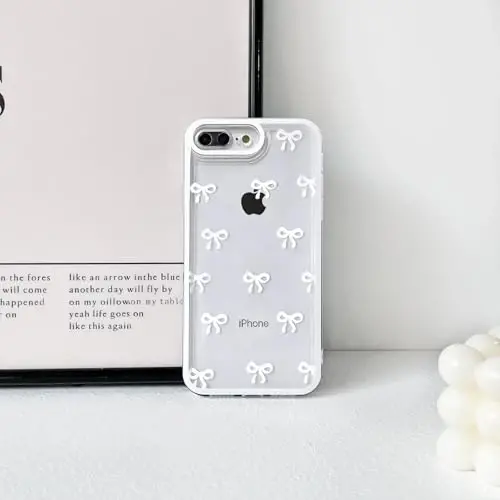 NITITOP Compatible with iPhone 7 Plus / 8 Plus Case Cute Clear Durable Ribbon Bowknot Pattern for Girls Women Soft TPU Transparent Full Camera Lens Shockproof Protective Phone Cover - White - 4