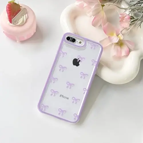 NITITOP Compatible with iPhone 7 Plus / 8 Plus Case Cute Clear Ribbon Bowknot Pattern for Girls Women Soft TPU Transparent Full Camera Lens Shockproof Protective Phone Cover - Purple - NITITOP (1)