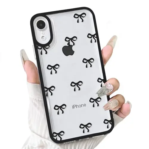 NITITOP Compatible with iPhone XR Case Cute Clear Durable Ribbon Bowknot Pattern for Girls Women Soft TPU Transparent Full Camera Lens Shockproof Protective Phone Cover - Black - 12
