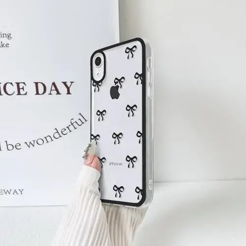 NITITOP Compatible with iPhone XR Case Cute Clear Durable Ribbon Bowknot Pattern for Girls Women Soft TPU Transparent Full Camera Lens Shockproof Protective Phone Cover - Black - 6