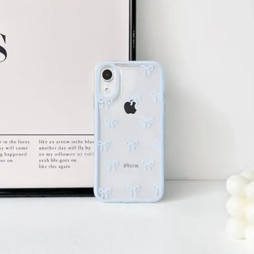 NITITOP Compatible with iPhone XR Case Cute Clear Durable Ribbon Bowknot Pattern for Girls Women Soft TPU Transparent Full Camera Lens Shockproof Protective Phone Cover - Blue - 4