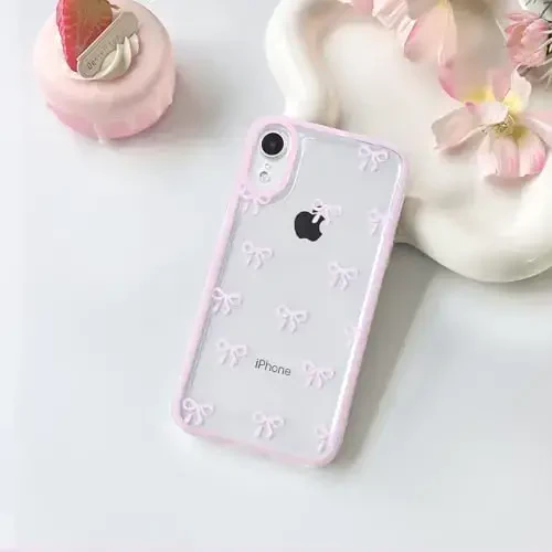 NITITOP Compatible with iPhone XR Case Cute Clear Durable Ribbon Bowknot Pattern for Girls Women Soft TPU Transparent Full Camera Lens Shockproof Protective Phone Cover - Pink - 2
