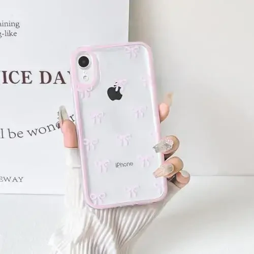 NITITOP Compatible with iPhone XR Case Cute Clear Durable Ribbon Bowknot Pattern for Girls Women Soft TPU Transparent Full Camera Lens Shockproof Protective Phone Cover - Pink - 7