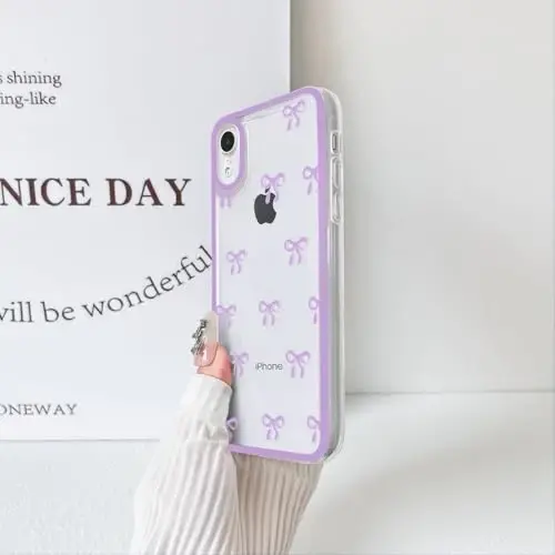 NITITOP Compatible with iPhone XR Case Cute Clear Durable Ribbon Bowknot Pattern for Girls Women Soft TPU Transparent Full Camera Lens Shockproof Protective Phone Cover - Purple - 5