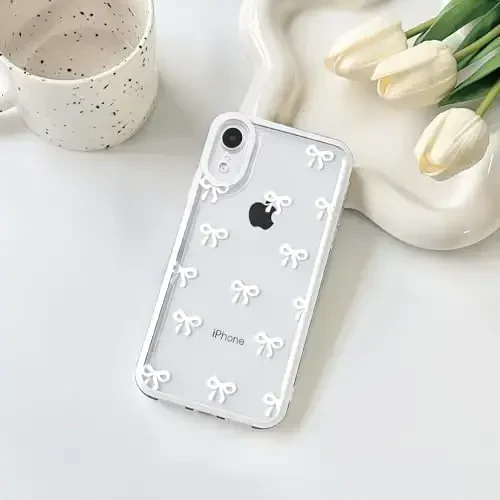 NITITOP Compatible with iPhone XR Case Cute Clear Durable Ribbon Bowknot Pattern for Girls Women Soft TPU Transparent Full Camera Lens Shockproof Protective Phone Cover - White - 2