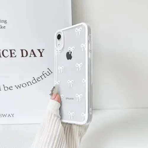 NITITOP Compatible with iPhone XR Case Cute Clear Durable Ribbon Bowknot Pattern for Girls Women Soft TPU Transparent Full Camera Lens Shockproof Protective Phone Cover - White - 5