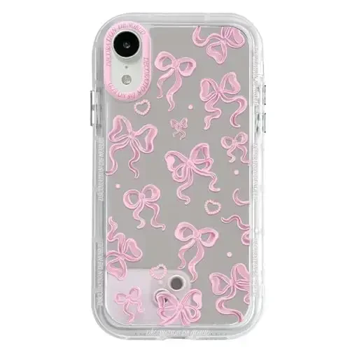 NITITOP Compatible with iPhone XR Case Cute Mirror Bow Pattern Love Heart for Women Girls Ribbon Design Shockproof Silver Protective Phone Cover - Pink Bow - 1