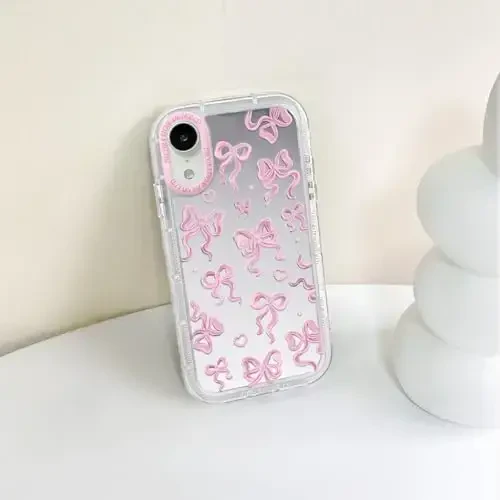 NITITOP Compatible with iPhone XR Case Cute Mirror Bow Pattern Love Heart for Women Girls Ribbon Design Shockproof Silver Protective Phone Cover - Pink Bow - 7